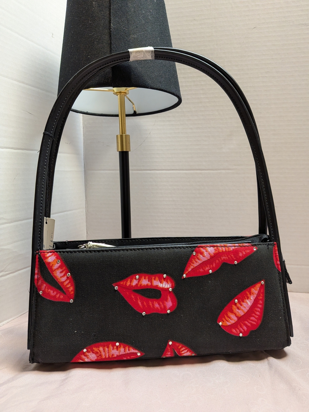 Black Shoulder Bag with Red Lip Motif